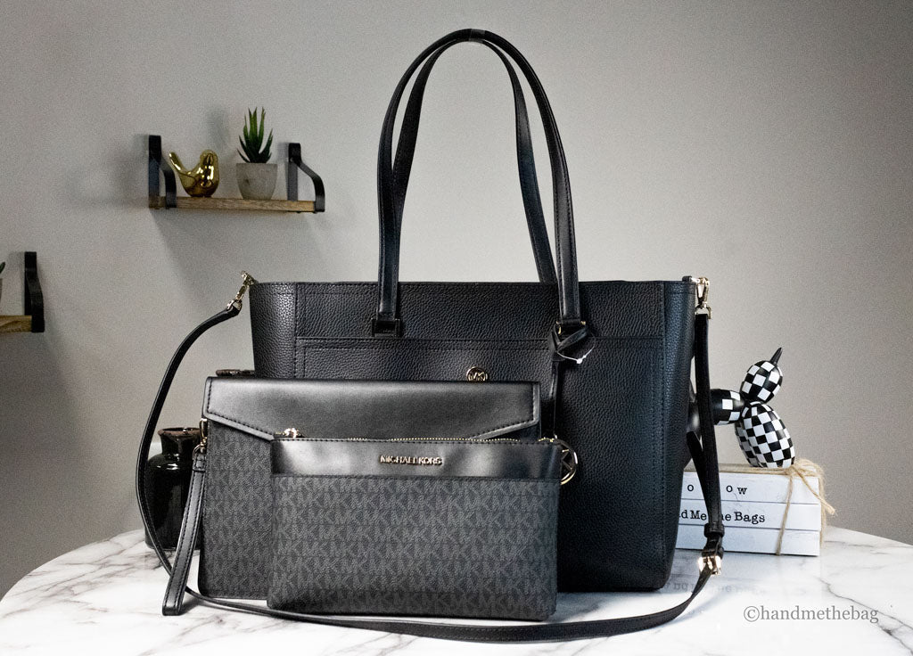 Michael Kors Maisie Large Black Pebbled Leather 3-in-1 Multifunctional Crossbody Clutch Tote Bag